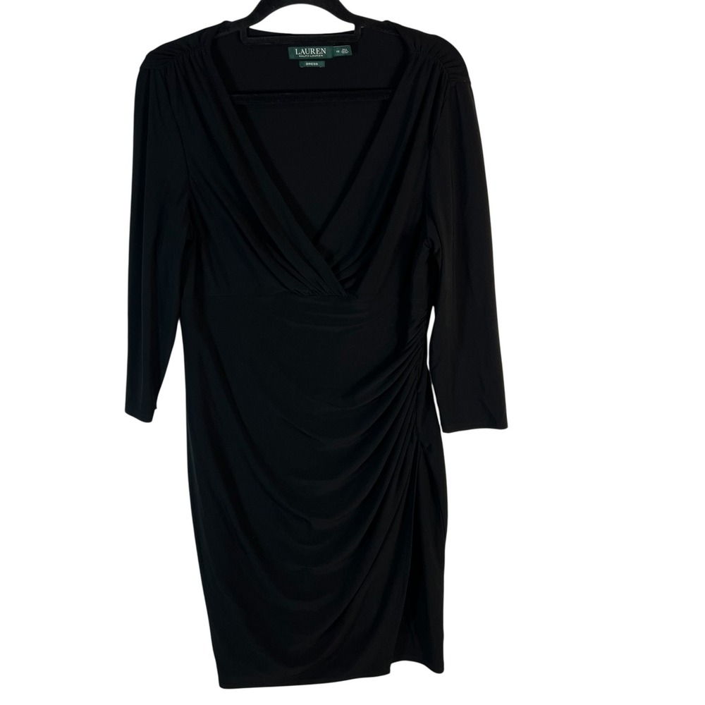 Lauren‎ Ralph Lauren Black Ruched V-Neck 3/4 Sleeve Sheath Dress Size 16 Career
